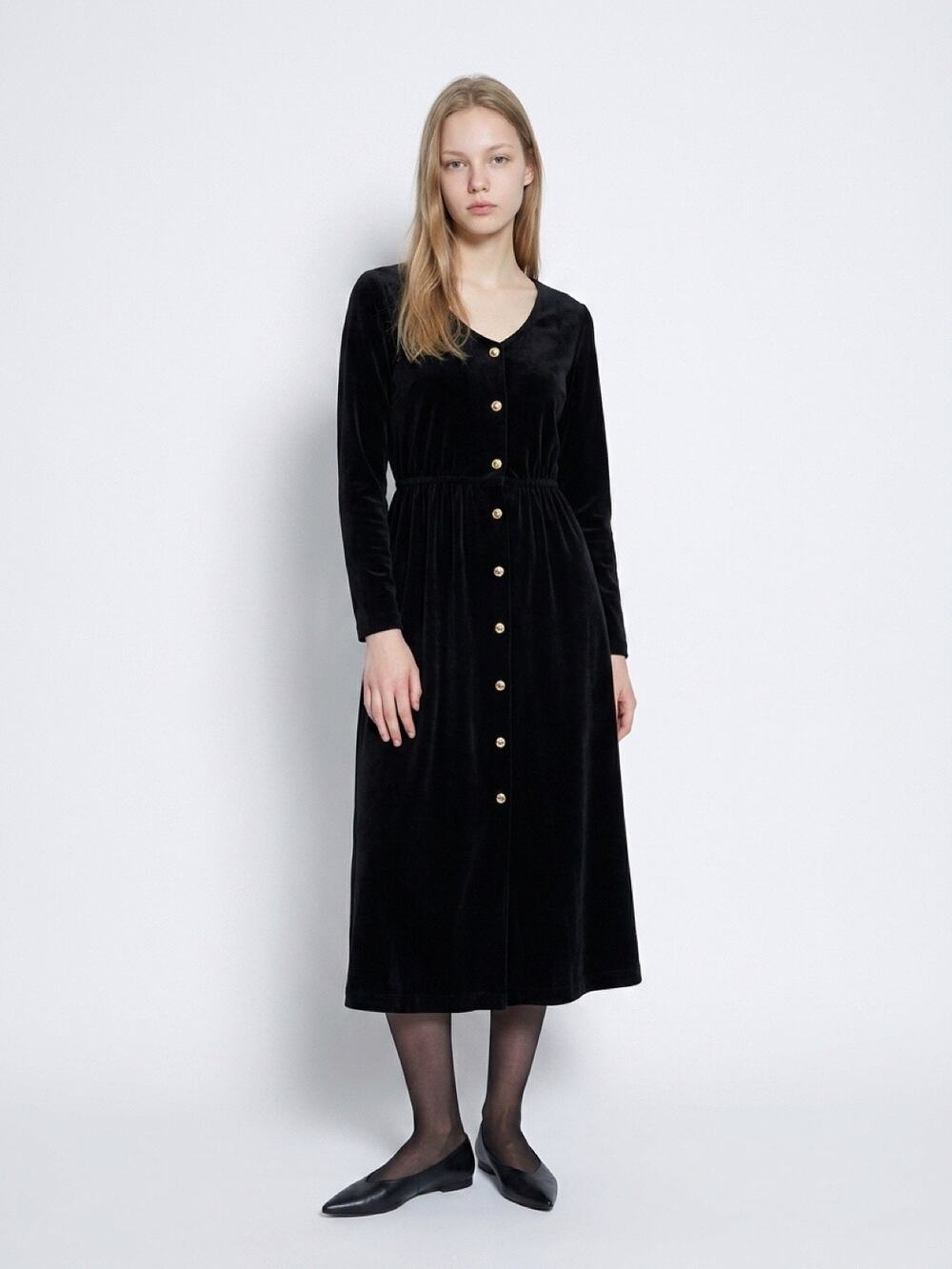 Vintage velour black long-sleeve modest maxi dress, Moda International Xsmall